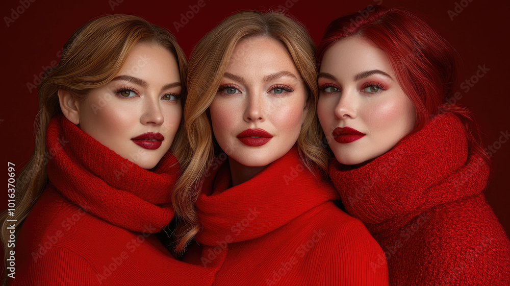 Three women pose together, wearing red sweaters and vibrant lip colors with a deep red backdrop, creating a captivating fashion moment
