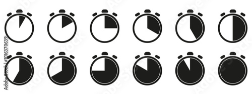 Time and clock icon set. Half past of the clock sign.Complete twelve hours pointed clockwise o'clock vector illustration. Analog wall clocks icons set.
