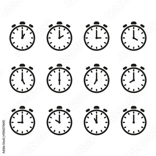 Time and clock icon set. Half past of the clock sign.Complete twelve hours pointed clockwise o'clock vector illustration. Analog wall clocks icons set.