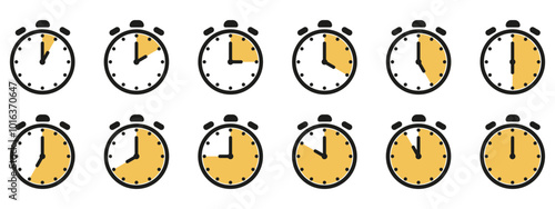 Time and clock icon set. Half past of the clock sign.Complete twelve hours pointed clockwise o'clock vector illustration. Analog wall clocks icons set.