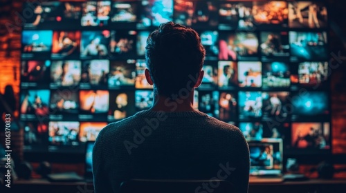 Man looking at a wall of screens displaying different images and videos.