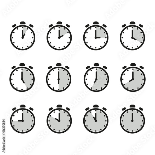 Time and clock icon set. Half past of the clock sign.Complete twelve hours pointed clockwise o'clock vector illustration. Analog wall clocks icons set.