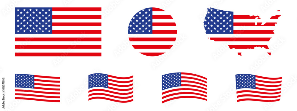 USA flag icon set. Stripes flags united states with stars. 4 July, Veteran and Memorial day vector banner. American national symbol isolated on transparent background. Vector illustration. USA flag icon set. Stripes flags united states with stars. 4 July, Veteran and Memorial day vector banner. American national symbol isolated on transparent background. Vector illustration.
