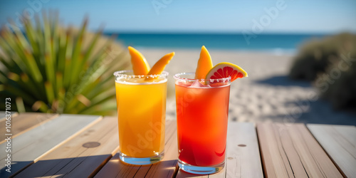 Two fruity cocktails are on a wooden table, fruits, the glass is stuck in a beautiful landscape as a close-up