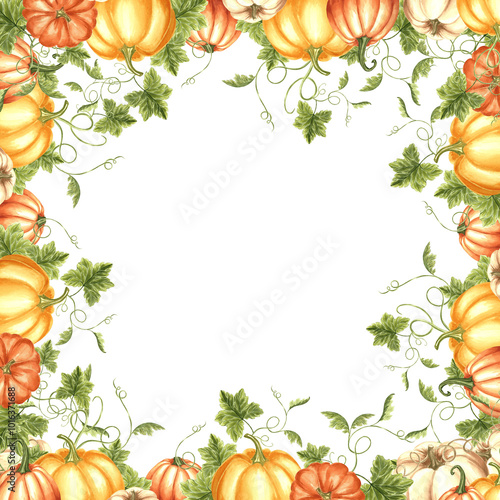 Pumpkins with leaves and tendrils. Autumn postcard with copy space. Fall vegetables frame for Harvest fest. Hand drawn watercolor illustration isolated. Template for invitation, card, thanksgiving.