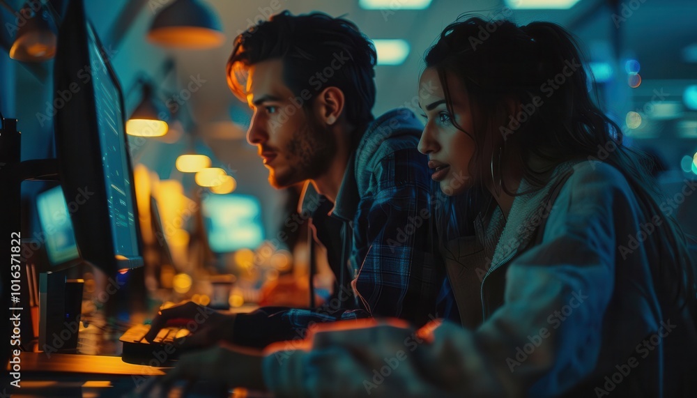 Obraz premium Coders working collaboratively in modern tech offices, dynamic and innovative, Urban, Cool tones, Photograph, Tech collaboration