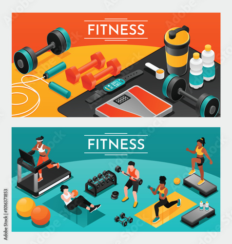 Fitness Banners with Gym Equipment and Exercises