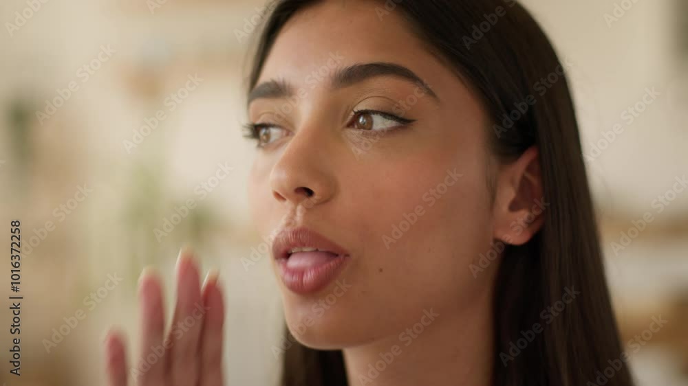 Portrait surprised amazed wondering Indian woman Arabian girl Latina female say wow open mouth big eyes reaction amazing good news achievement at home looking at camera happy excited face win success Portrait surprised amazed wondering Indian woman Arabian girl Latina female say wow open mouth big eyes reaction amazing good news achievement at home looking at camera happy excited face win success