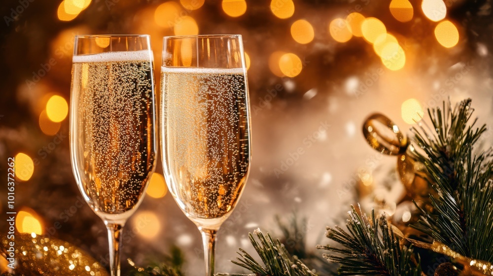 Sparkling champagne bubbles and elegant glasses clinking, surrounded by warm blurry Christmas lights for a festive and luxurious scene. Christmas Sparkling champagne bubbles and elegant glasses clinking, surrounded by warm blurry Christmas lights for a festive and luxurious scene. Christmas