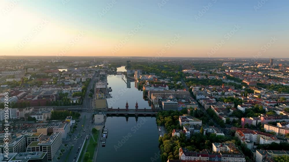 City of Berlin, Germany from above. Aerial cityscape view showing architectural landmarks Oberbaum Bridge City of Berlin, Germany from above. Aerial cityscape view showing architectural landmarks Oberbaum Bridge