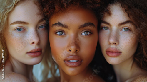 Three diverse young women showcasing natural beauty and distinct features in soft lighting