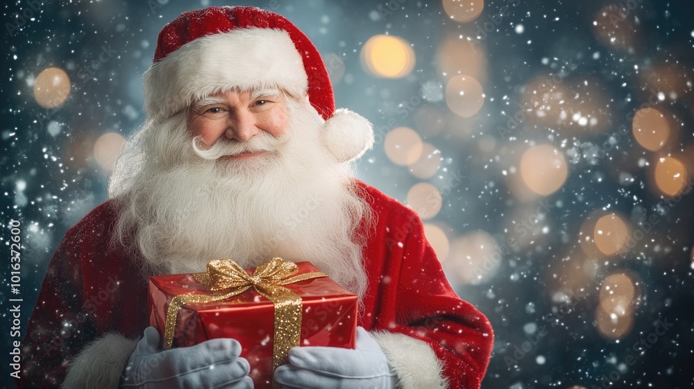 Cheerful Santa Claus holding a gift, with a festive bokeh background and falling snow. A perfect visual for Merry Christmas and New Year 2025 greetings. Cheerful Santa Claus holding a gift, with a festive bokeh background and falling snow. A perfect visual for Merry Christmas and New Year 2025 greetings.