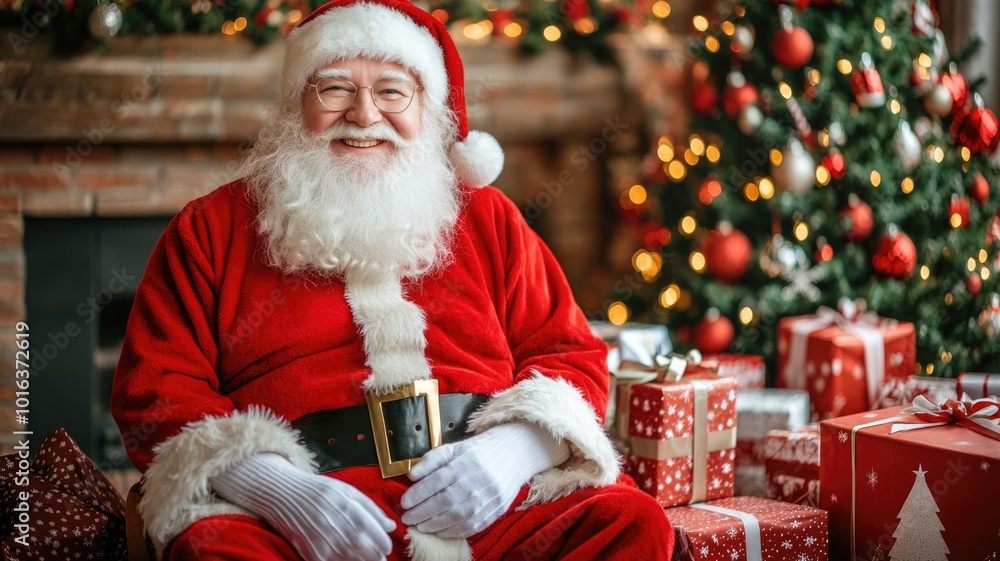Santa Claus cheerfully sits in a chair, surrounded by festive Christmas decorations in a cozy living room. The scene captures the spirit of Happy New Year 2025 and Merry Christmas. Santa Claus cheerfully sits in a chair, surrounded by festive Christmas decorations in a cozy living room. The scene captures the spirit of Happy New Year 2025 and Merry Christmas.