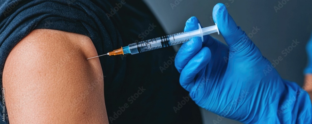 Closeup of a patient s arm with a syringe administering a flu shot a common preventive care vaccine for maintaining health and immunity against seasonal illnesses Closeup of a patient s arm with a syringe administering a flu shot a common preventive care vaccine for maintaining health and immunity against seasonal illnesses