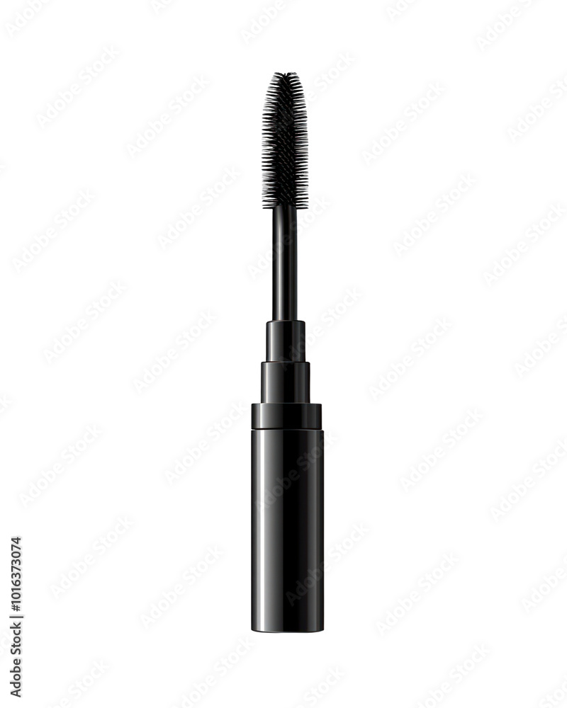 A sleek mascara tube with a curved brush for added volume, isolated transparent background PNG