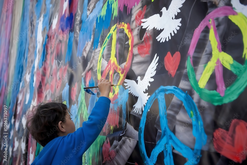 Obraz premium A young boy joyfully paints a peace sign on a wall, covering war imagery with colorful symbols of peace and love. 