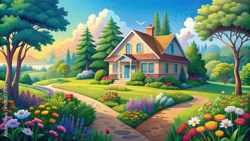 Summer Landscape House in Nature - Vector Illustration for Home Decor and Real Estate