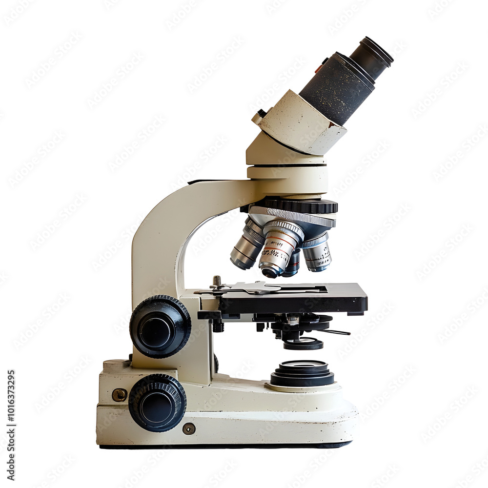 Closeup View of a Professional Scientific Microscope Instrument Used for Laboratory Research,Examination,and Analysis in Various Scientific Disciplines Such as Biology,Chemistry,or Physics. Closeup View of a Professional Scientific Microscope Instrument Used for Laboratory Research,Examination,and Analysis in Various Scientific Disciplines Such as Biology,Chemistry,or Physics.