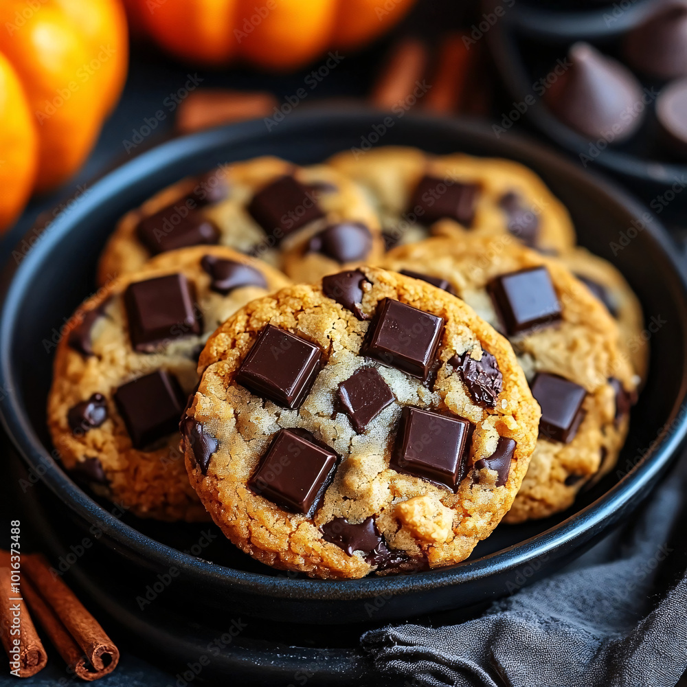 A close-up of freshly baked chocolate chunk cookies with golden edges, served in a dark plate, surrounded by pumpkins and cinnamon sticks, evoking a cozy, autumnal atmosphere A close-up of freshly baked chocolate chunk cookies with golden edges, served in a dark plate, surrounded by pumpkins and cinnamon sticks, evoking a cozy, autumnal atmosphere