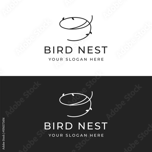 Simple bird's nest logo template design with twigs and leaves.