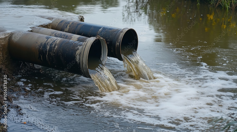 Polluted water discharge from pipes into river Polluted water discharge from pipes into river