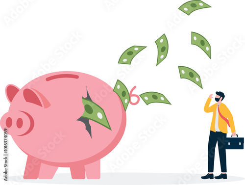 Bankruptcy, business failures, low market sales, bad investments, businessmen watching in despair as money flew out of the ragged mouth of their moneybags

