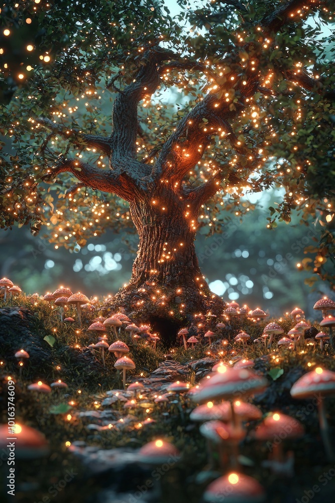 A magical fantasy forest with small mushrooms and a large tree in the middle, surrounded by fairy lights A magical fantasy forest with small mushrooms and a large tree in the middle, surrounded by fairy lights