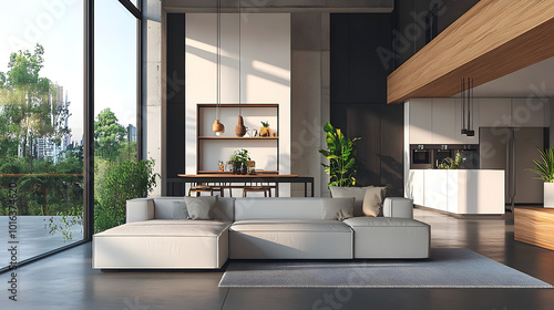 Stylish home living room interior with lounge and eating zone, panoramic window photo