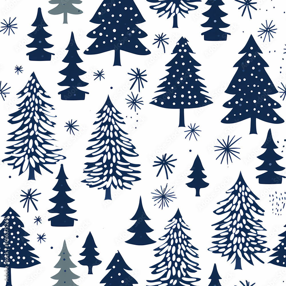 Fototapeta premium Festive Navy Blue Christmas Tree Pattern with Snowflakes for Seasonal Wrapping Paper and Holiday Decor