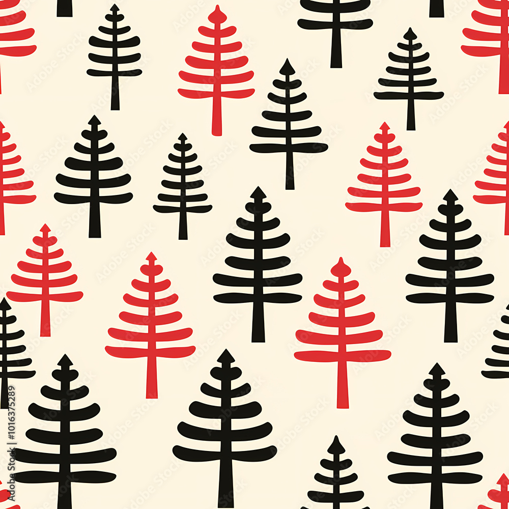 Obraz premium Minimalist Red and Black Christmas Tree Seamless Pattern for Modern Holiday Decorations and Prints