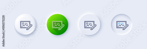 Photo edit line icon. Neumorphic, Green gradient, 3d pin buttons. Image thumbnail with pencil sign. Picture placeholder symbol. Line icons. Neumorphic buttons with outline signs. Vector