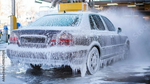 Car Covered in Soapy Foam During Automatic Car Wash