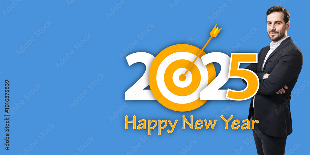 Happy young european busiessman with folded arms and 2025 year goal planning sketch on blue background with mock up place. Annual plan and development for achieving goal. Happy young european busiessman with folded arms and 2025 year goal planning sketch on blue background with mock up place. Annual plan and development for achieving goal.