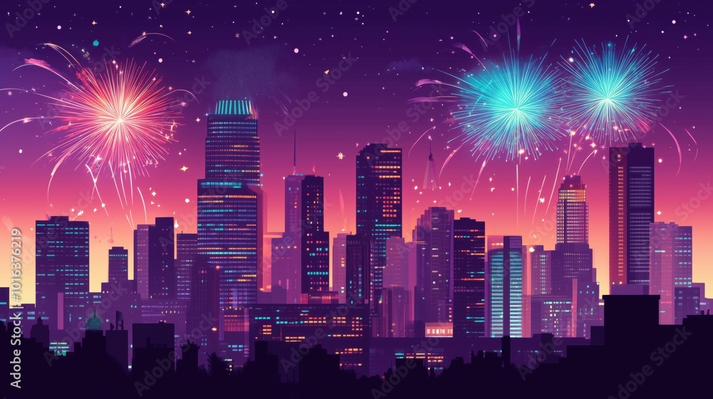 Fireworks display over vibrant city skyline at night Fireworks display over vibrant city skyline at night