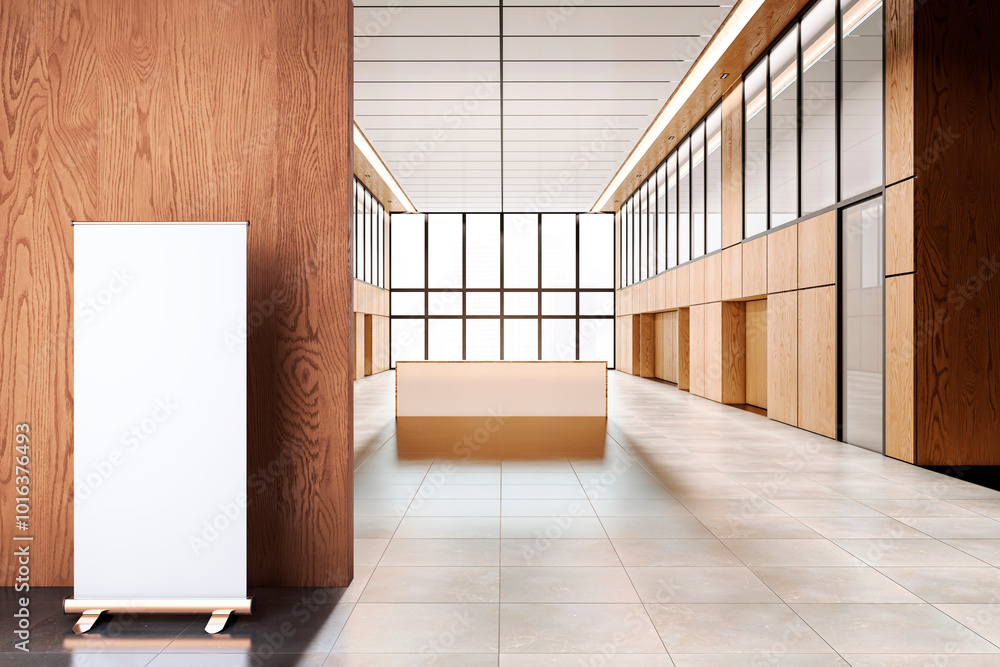 Modern wooden office corridor interior with reception desk, panoramic windows and city view, blank white mock up banner with mock up place. 3D Rendering. Modern wooden office corridor interior with reception desk, panoramic windows and city view, blank white mock up banner with mock up place. 3D Rendering.