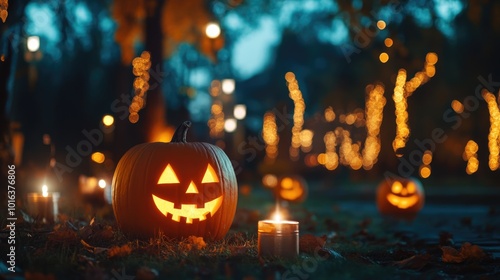 Halloween pumpkins illuminated by candles in a park during autumn evening