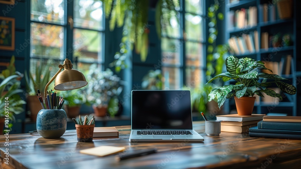 Cozy Workspace with Plants and Laptop in Natural Light Cozy Workspace with Plants and Laptop in Natural Light