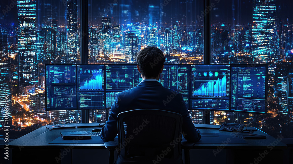 A business professional analyzes extensive data on multiple screens while overlooking a vibrant cityscape at night A business professional analyzes extensive data on multiple screens while overlooking a vibrant cityscape at night