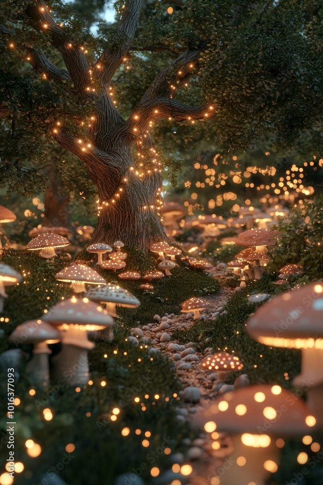 A magical fantasy forest with small mushrooms and a large tree in the middle, surrounded by fairy lights A magical fantasy forest with small mushrooms and a large tree in the middle, surrounded by fairy lights