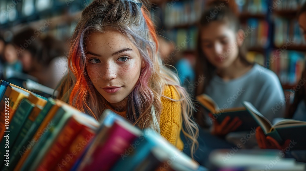 Young Woman Reading in a Cozy Library Setting Young Woman Reading in a Cozy Library Setting