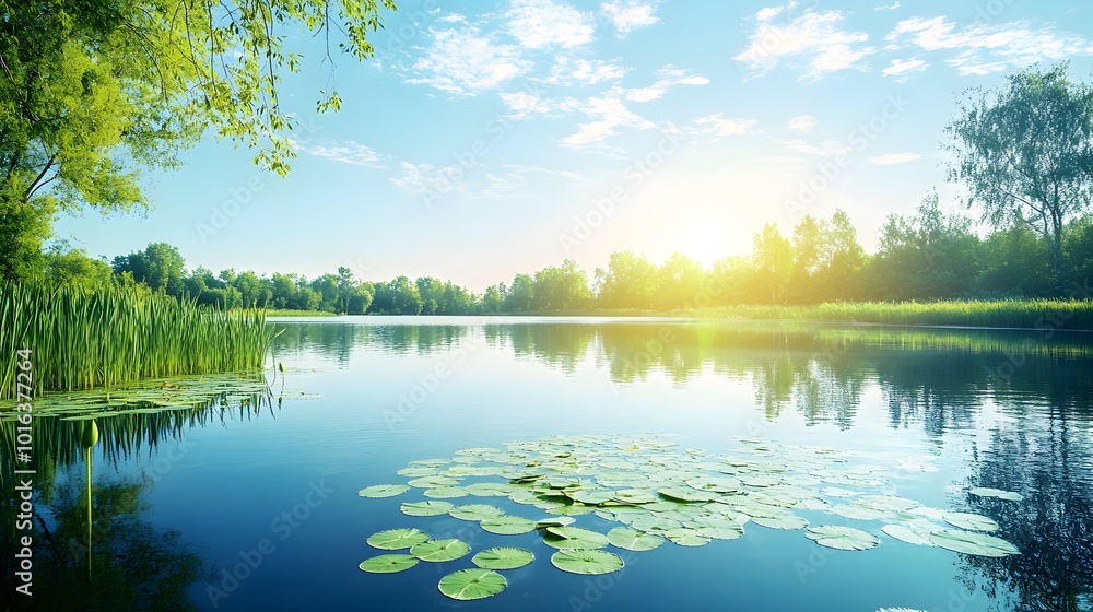 A serene lake landscape captures a tranquil water surface with lily pads, reflecting lush green reeds and trees under a bright sunny day, creating a vibrant nature scene. A serene lake landscape captures a tranquil water surface with lily pads, reflecting lush green reeds and trees under a bright sunny day, creating a vibrant nature scene.