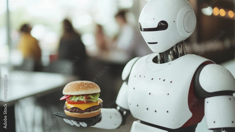 Futuristic scene depicting a robot chef skillfully flipping burgers on a high tech smart grill in a cutting edge fully automated fast food kitchen of the future Futuristic scene depicting a robot chef skillfully flipping burgers on a high tech smart grill in a cutting edge fully automated fast food kitchen of the future