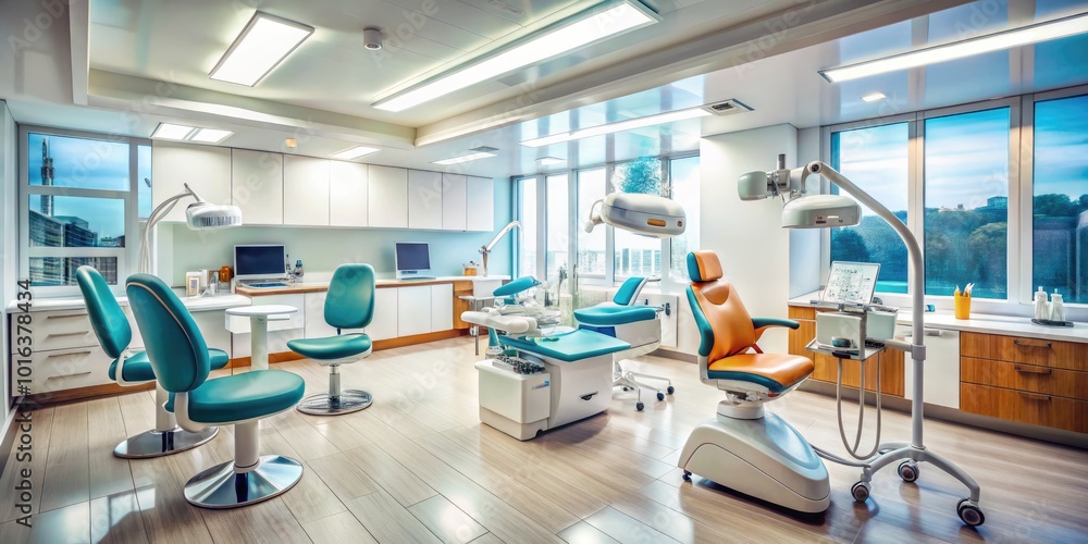 Fototapeta premium Tilt-Shift Photography of Empty Dental Clinic with Chairs and Tools for Stock Imagery