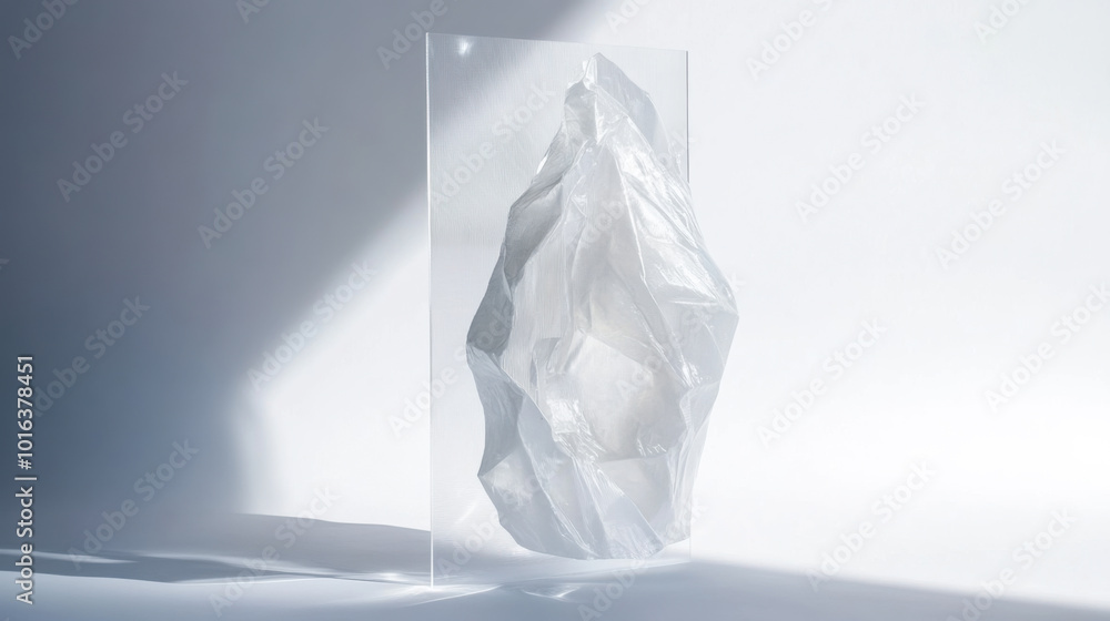 Three clear acrylic pillars arranged on a soft gray surface with gentle light illuminating their surfaces in a minimalist setting Three clear acrylic pillars arranged on a soft gray surface with gentle light illuminating their surfaces in a minimalist setting