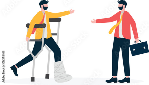Workplace discrimination, discrimination against people with disabilities, workplace injuries, angry business manager pointing index finger at businessman with injured leg and crutches,

