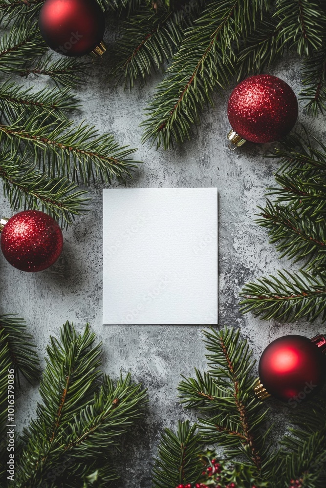 A blank white card on a table with pine tree branches and red Christmas ornaments A blank white card on a table with pine tree branches and red Christmas ornaments