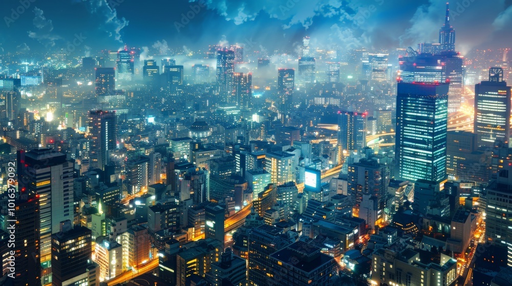 Obraz premium Urban cityscape at night with glowing lights and bustling activity, demonstrating the human impact and development on Earth