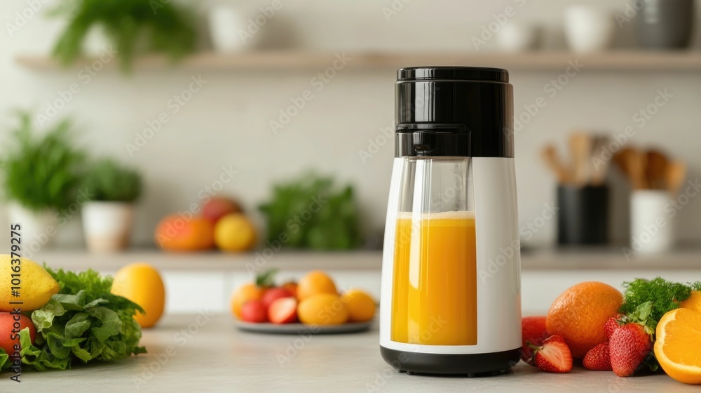 Automated fruit juice extractor appliance on kitchen counter preparing fresh healthy beverage with smart technology in a sleek contemporary interior design setting Automated fruit juice extractor appliance on kitchen counter preparing fresh healthy beverage with smart technology in a sleek contemporary interior design setting