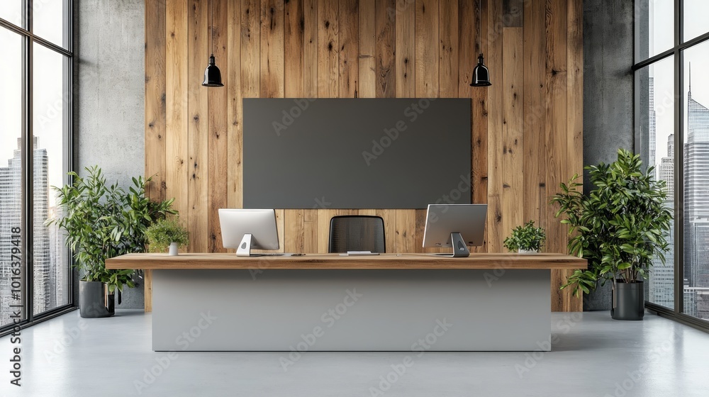 Modern office reception desk with wooden wall, two computers, and a blank poster. Modern office reception desk with wooden wall, two computers, and a blank poster.