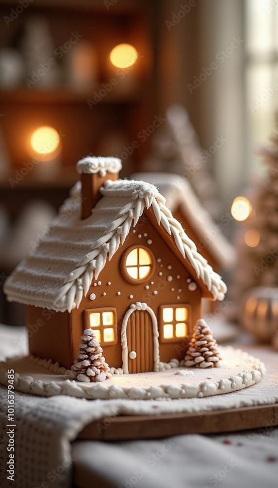 Adorable gingerbread house decorated with icing and candy cane details in a warm, sunny setting Adorable gingerbread house decorated with icing and candy cane details in a warm, sunny setting